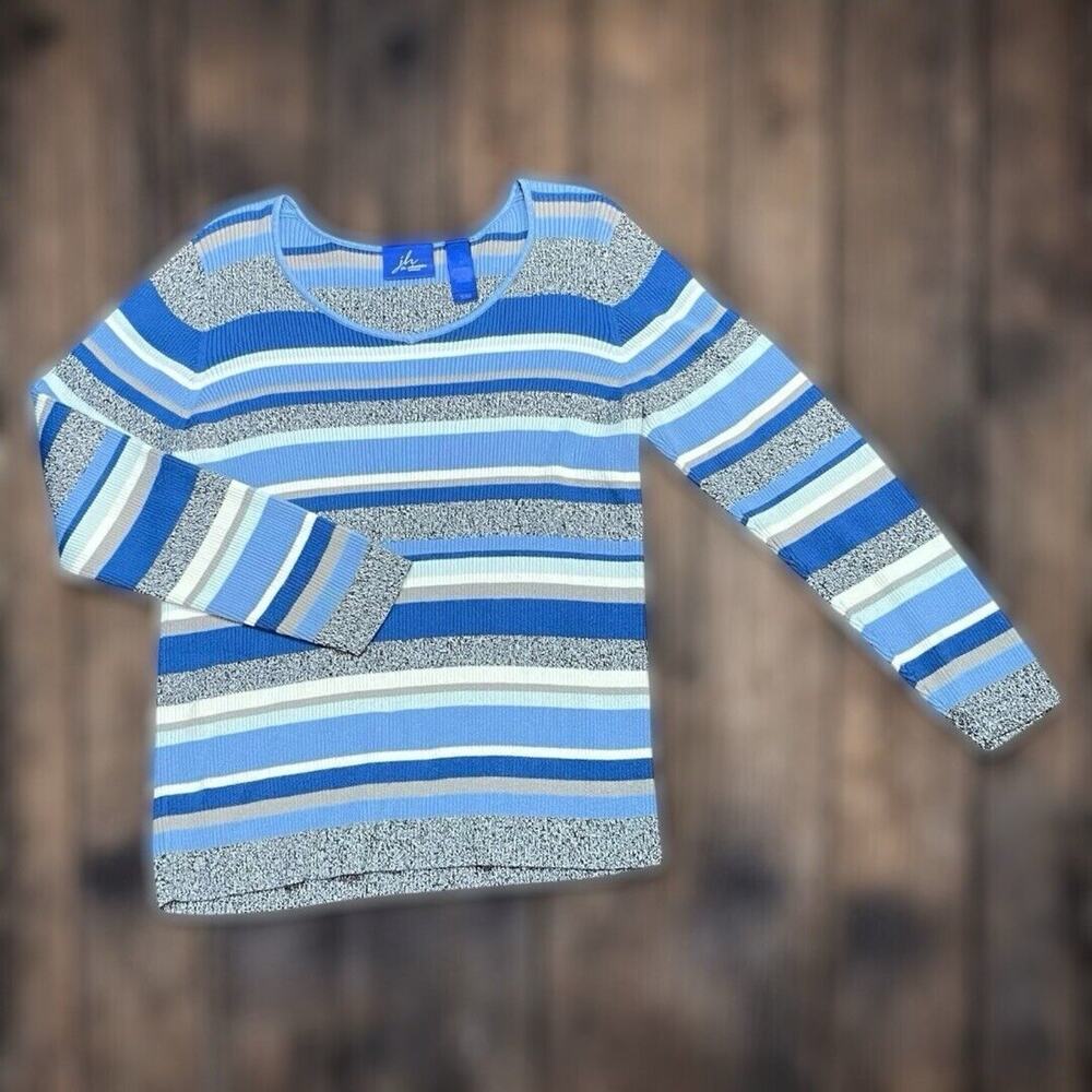 JH Collectibles Women’s Striped Ribbed Pullover Sweater Size 1X Blue Y2K Preppy
